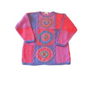 Colorful Hand-Knitted Sweater Embroidered Circular Patterns Segrets Sun Prints M